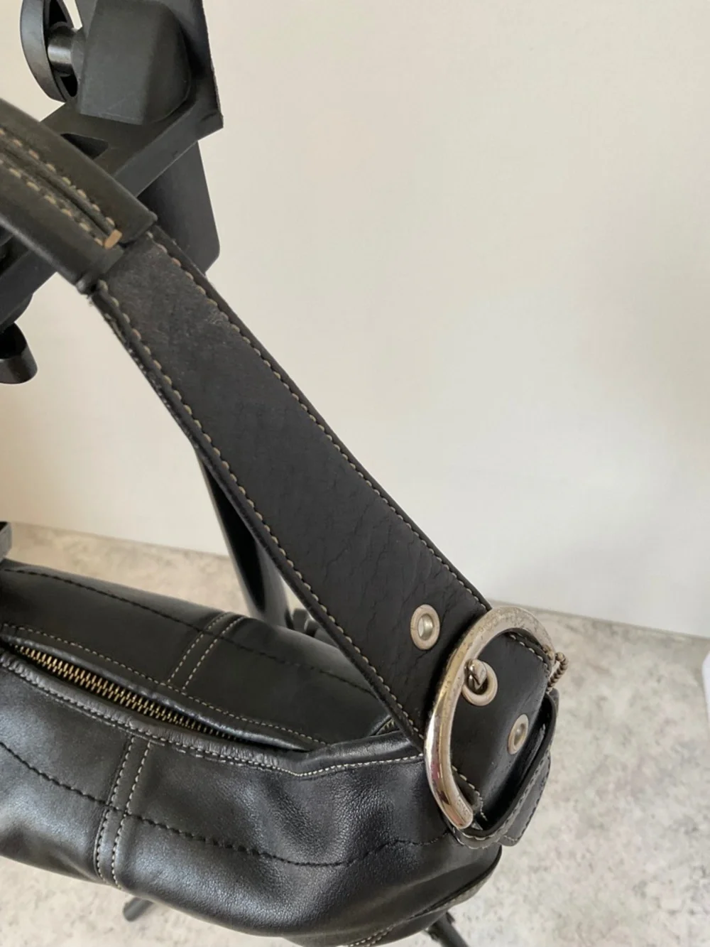 Coach Black Leather Curved Hobo Bag with Silver Hardware